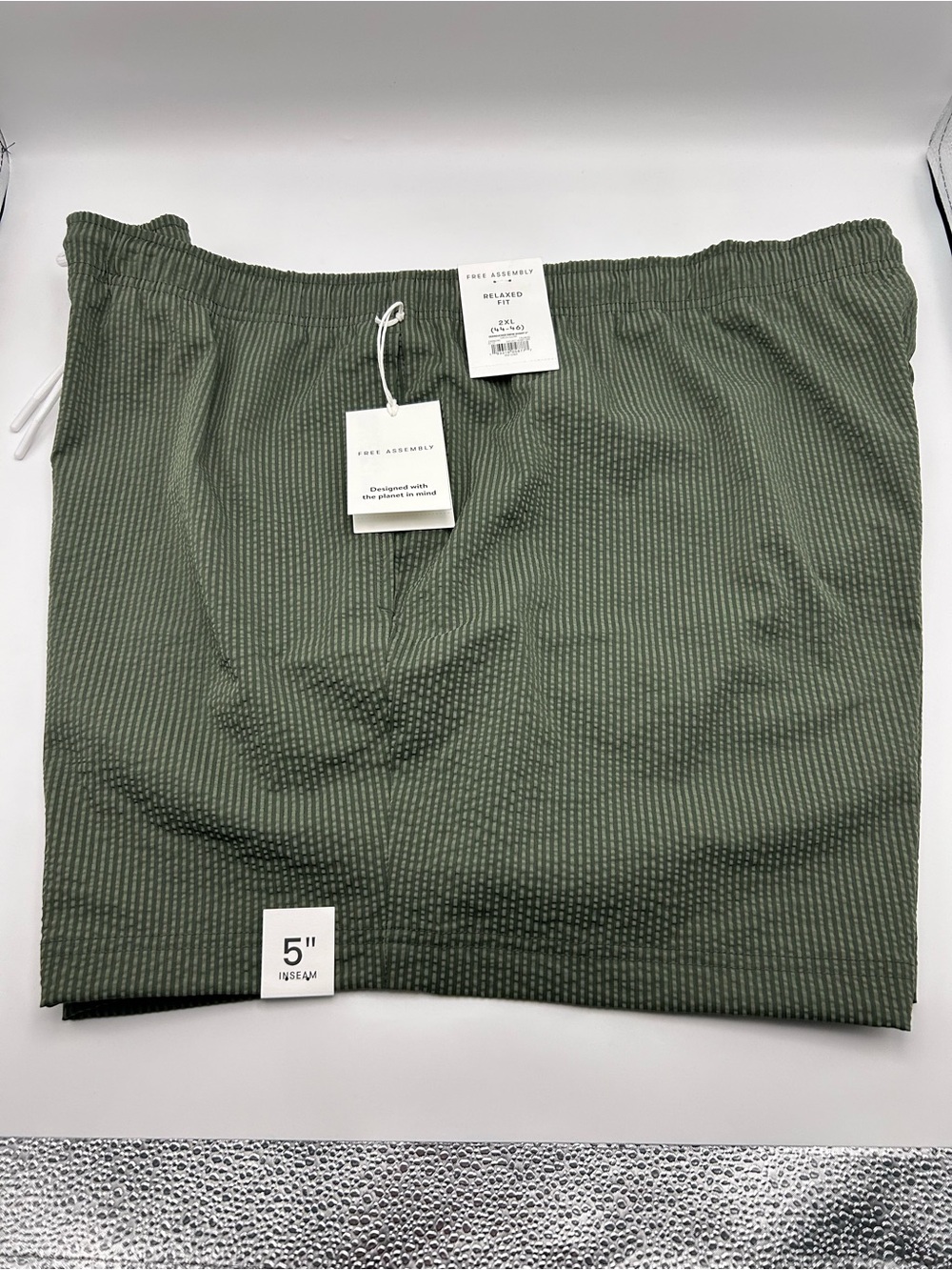 Free Assembly Men's 2XL Green Striped Seersucker Chino Drawstring Shorts 5"